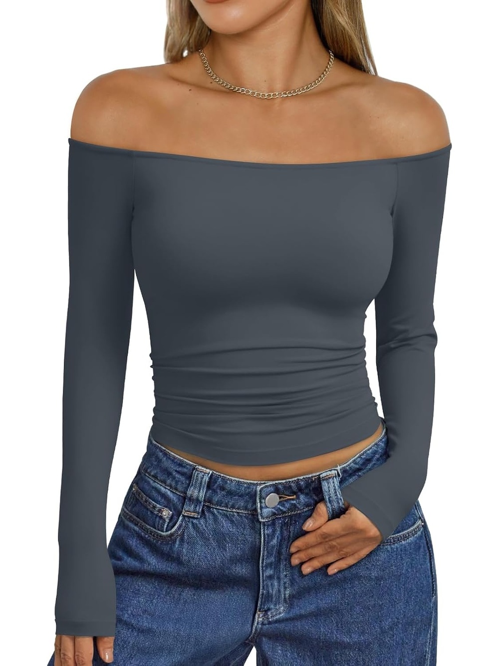 Women's Grey Cute Crop Boat Neck Long Sleeve T Shirts Off The Shoulder Tops